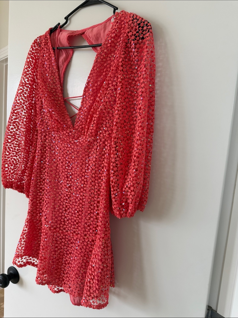 Free People Coral Sequin Lace V-Neck Mini Dress